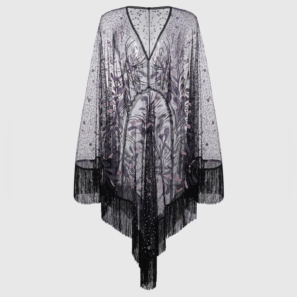 Babeyond Black 1920s Beaded Fringe Floral Shawl Cape